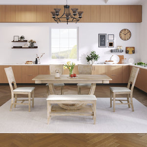 English Elm Topmax Six Piece Rubberwood Dining Set with Bench Linen Seats Sculptural Modern Style Seadrift N717S000029A