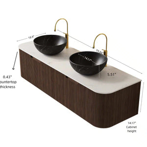English Elm Dina 60 Inch Floating Bathroom Vanity Sintered Stone Top Dual Glass Basins Wood Grain Black,Carrara White,Dark Walnut W2615S00280