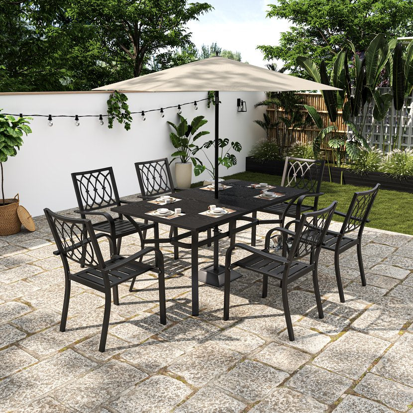 English Elm 7-piece Outdoor Steel Dining Set with Wood-grain Table Umbrella Hole and Slat Chairs W3979S00052