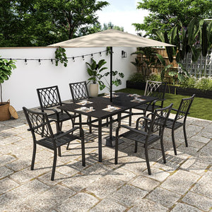 English Elm 7-piece Outdoor Steel Dining Set with Wood-grain Table Umbrella Hole and Slat Chairs W3979S00052