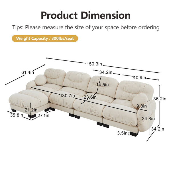 English Elm Pleated Chenille Sectional Sofa with Ottoman Ergonomic Foam Curved Armrests Living Room Beige W5656S00044