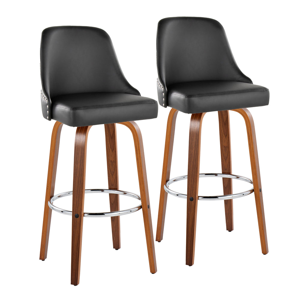 English Elm 30" Swivel Barstools Set of 2 Walnut Bentwood Faux Leather Chrome Nailhead Bar Height B202S01948