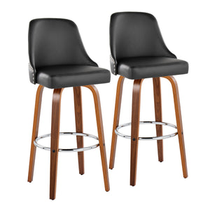 English Elm 30" Swivel Barstools Set of 2 Walnut Bentwood Faux Leather Chrome Nailhead Bar Height B202S01948