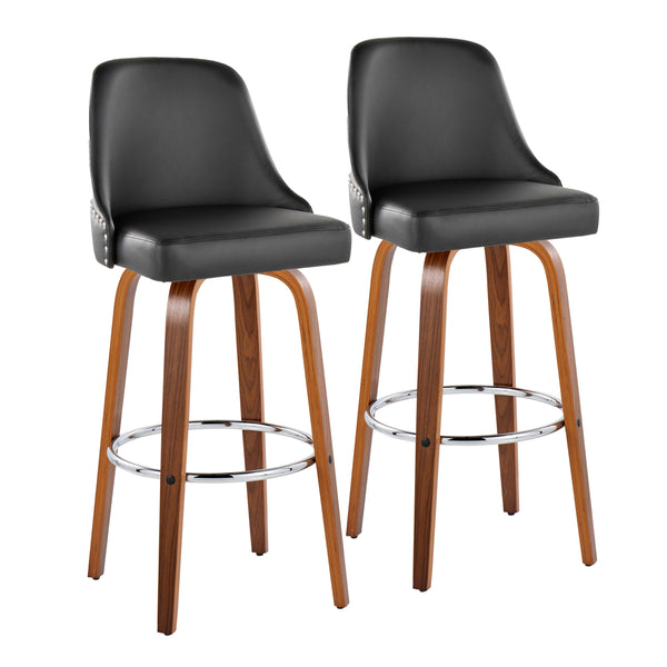 English Elm 30" Swivel Barstools Set of 2 Walnut Bentwood Faux Leather Chrome Nailhead Bar Height B202S01948