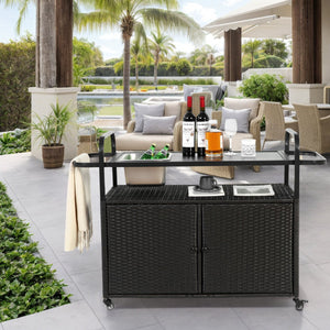 English Elm Outdoor Bar Table Wicker Bar Cart with Cabinet, Weatherproof Steel Top, Locking Wheels & Side Basket for Patio Entertainment Black W640P253277