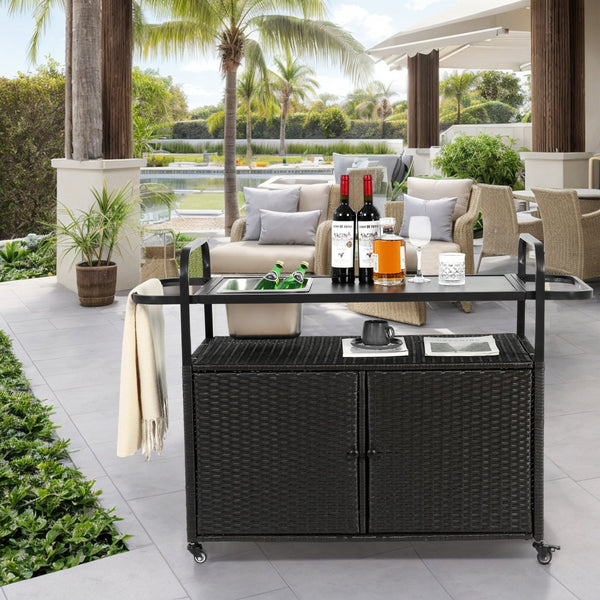 English Elm Outdoor Bar Table Wicker Bar Cart with Cabinet, Weatherproof Steel Top, Locking Wheels & Side Basket for Patio Entertainment Black W640P253277