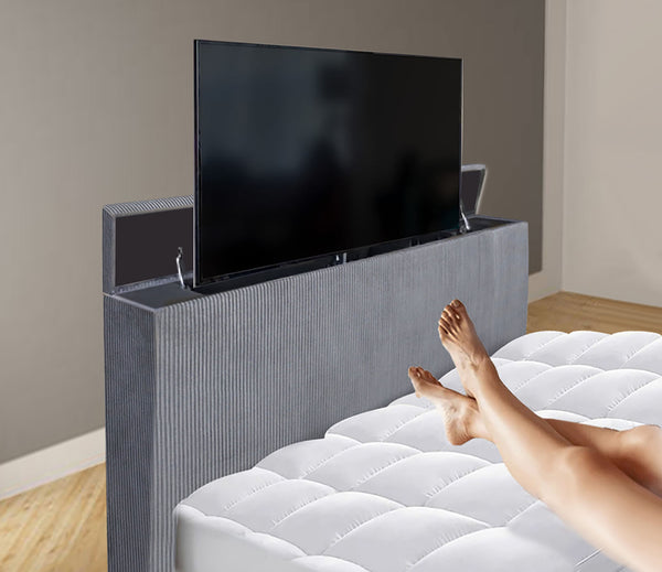 English Elm Black Eastern King Platform Bed Wingback Headboard with Motorized Tv Lift Fireplace Gray,Multi B2741S00800