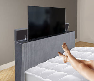 English Elm Black Queen Platform Bed Wingback Headboard Motorized Tv Lift Fireplace Bluetooth Gray,Multi B2741S00799