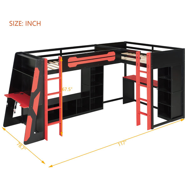 English Elm L-shaped Gaming Loft Bunk Bed Twin Wood Frame Rgb Lighting Usb Ports Storage Shelves Red LT000295AAR