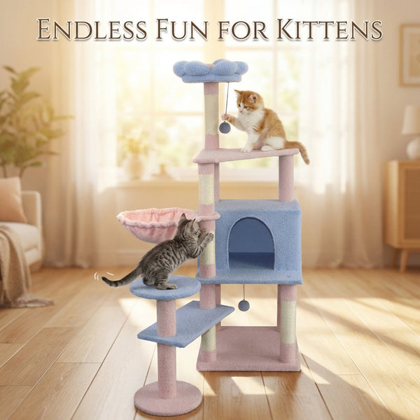 English Elm Flower Cat Tree Five Level Plush Climbing Tower with Condo Hammock and Sisal Posts W243P451163