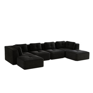 English Elm Modern Corduroy U-shaped Sectional with Deep Seating Two Ottomans Tufted Detail Black W714S01794