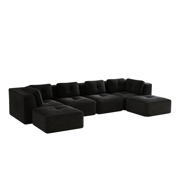 English Elm Modern Corduroy U-shaped Sectional with Deep Seating Two Ottomans Tufted Detail Black W714S01794
