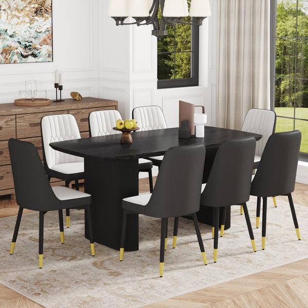 English Elm Table With 8 Ergonomic Chairs – Stylish Black Wood Grain Dining Set For Modern Homes & Gatherings W1151S04179-GIGA