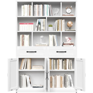English Elm 71" Tall Metal Bookcase with Open Shelves Drawers and Cabinet Doors for Modern Office T2398S00002