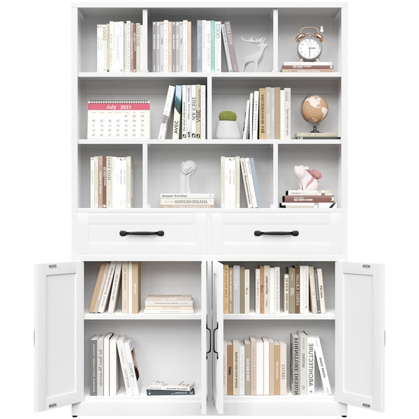 English Elm 71" Tall Metal Bookcase with Open Shelves Drawers and Cabinet Doors for Modern Office T2398S00002