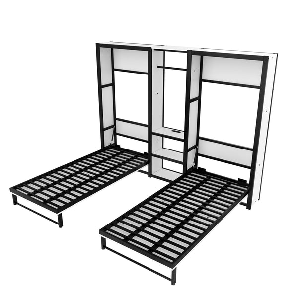 English Elm Twin Twin Murphy Bed with Metal Frame, Foldable 2-in-1 Space-Saving Design, Built-In Wardrobe, Shelves, Power Outlets and Durable Storage Solution Off White W1580S00147