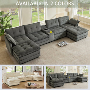 English Elm 154" Corduroy U-shaped Sectional with Ottomans Six Seat Modular Cloud Sofa Usb Console Grey W1998S00103