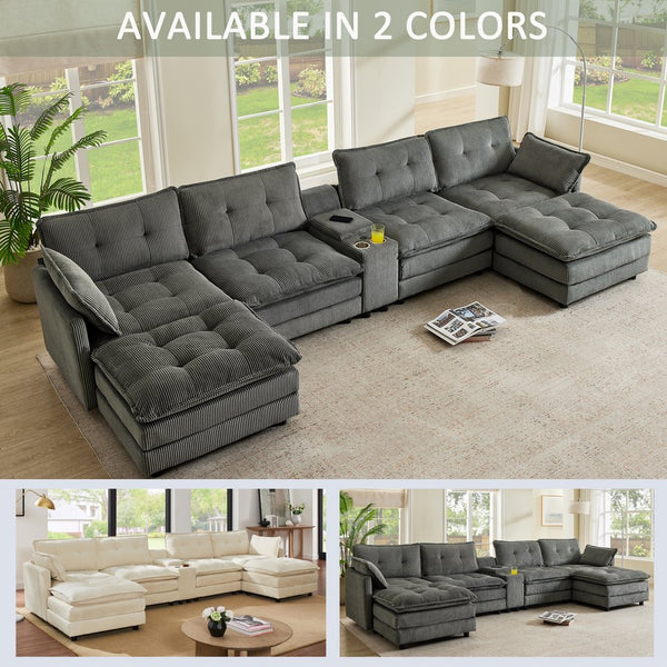 English Elm 154" Corduroy U-shaped Sectional with Ottomans Six Seat Modular Cloud Sofa Usb Console Grey W1998S00103