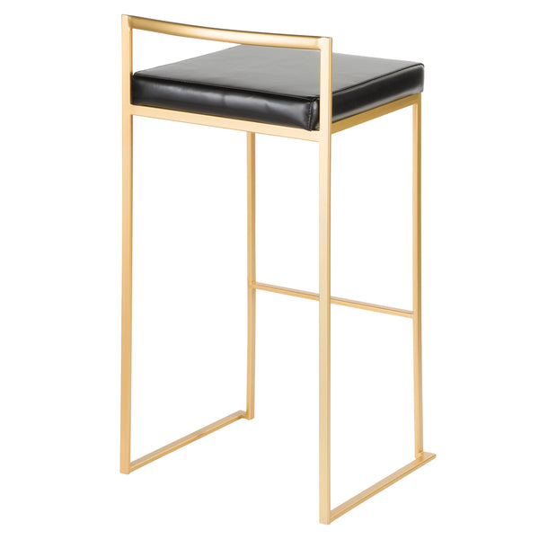English Elm Fuji 30" Glamorous Gold Barstool Set Of 3 With Black Faux Leather - Stylish, Stackable & Comfortable B202P222216