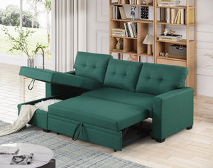 English Elm Convertible Upholstered Sectional Sofa with Pull-out Chaise Sleeper and Storage Green B2730S00004
