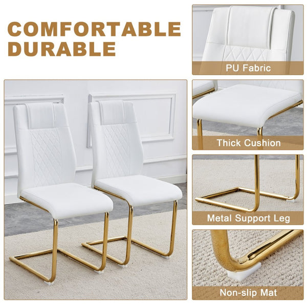 English Elm Table And Chair Set - Luxurious 71" Pandora Glass Top With Gold C-Shaped Legs & 8 White Pu Chairs W1151S03228-GIGA