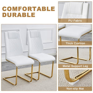 English Elm Table And Chair Set: Luxurious 71" Pandora Glass Dining Table With Gold Legs & 6 White Pu Chairs W1151S03227-GIGA