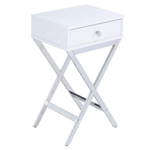 English Elm White White and Chrome 1-Drawer Rectangular Accent Table with Sleek X-Base, Compact Storage for Small Spaces B062P185654