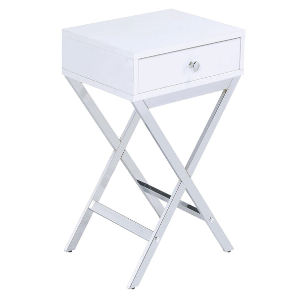 English Elm White White and Chrome 1-Drawer Rectangular Accent Table with Sleek X-Base, Compact Storage for Small Spaces B062P185654