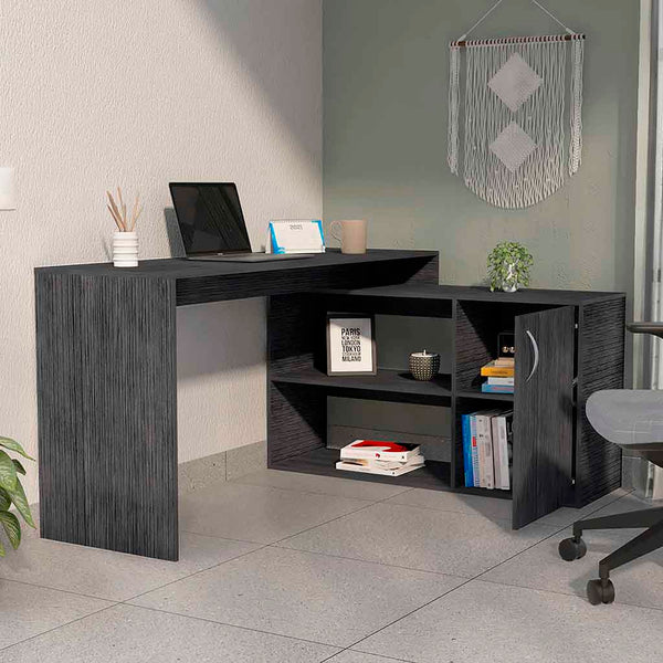 English Elm Dallas L-Shaped Home Office Desk with Spacious Work Surface, Two Open Shelves and Cabinet Storage Solution Oak 34 L x 24 W x 5 H B128S00163
