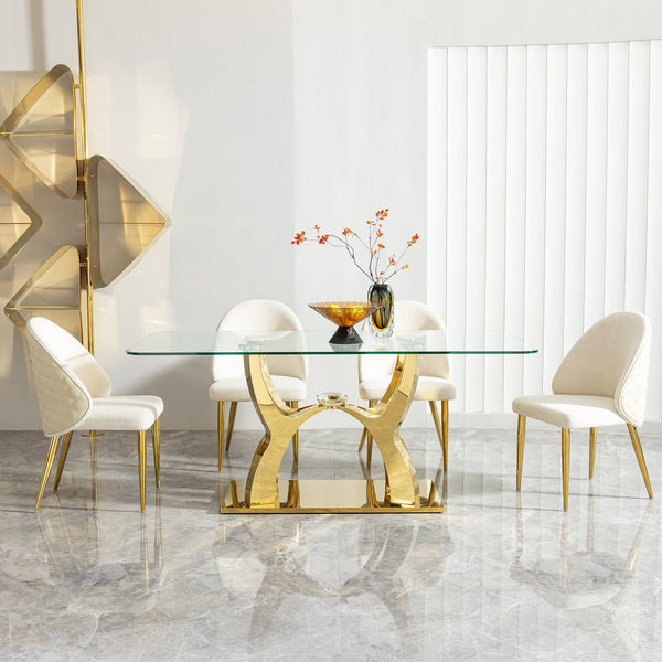 English Elm Gold Stainless Steel Dining Table With Tempered Glass Top - Elegant, Durable, Modern Design, 70.08" W2723S00019