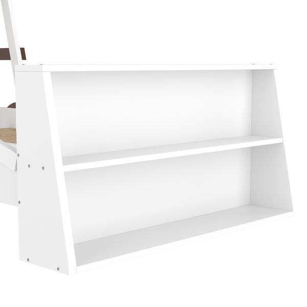 English Elm Twin Pine Treehouse Floor Bed with Padded Rails and Cabin Roofline for Kids White+Blue W1580S00470