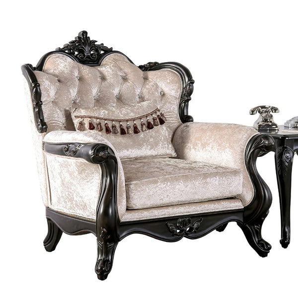 English Elm Traditional Carved Tufted Accent Chair with Rolled Arms, Nailhead Trim and Elegant Upholstery Black,Off White 44 L x 39 W x 28 H B2741P380814