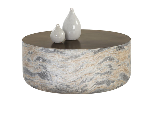 Sunpan Diaz Coffee Table - Stylish Drum Design with Unique Concrete Finish for Modern Indoor and Outdoor Spaces Marble Look / Antique Brass