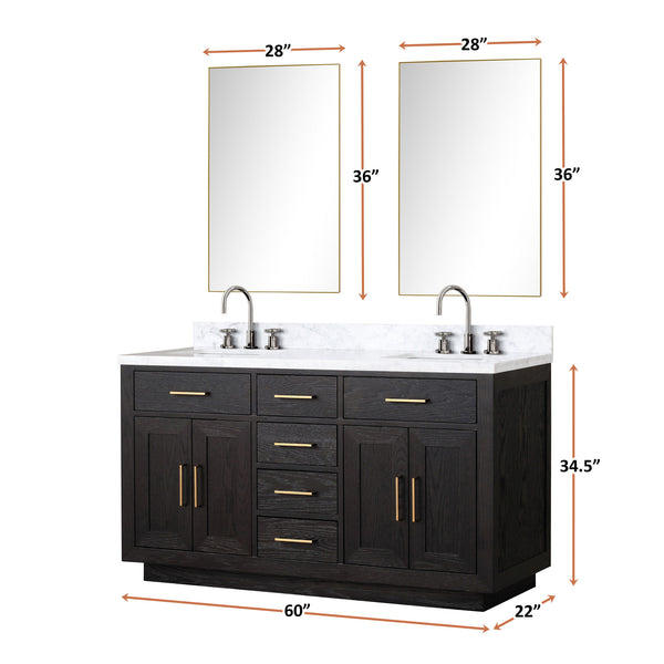 English Elm Black Oak Double Bath Vanity With Carrara Marble Top, Chrome Faucets & 28" Mirrors - Ready To Install! B2731S02172