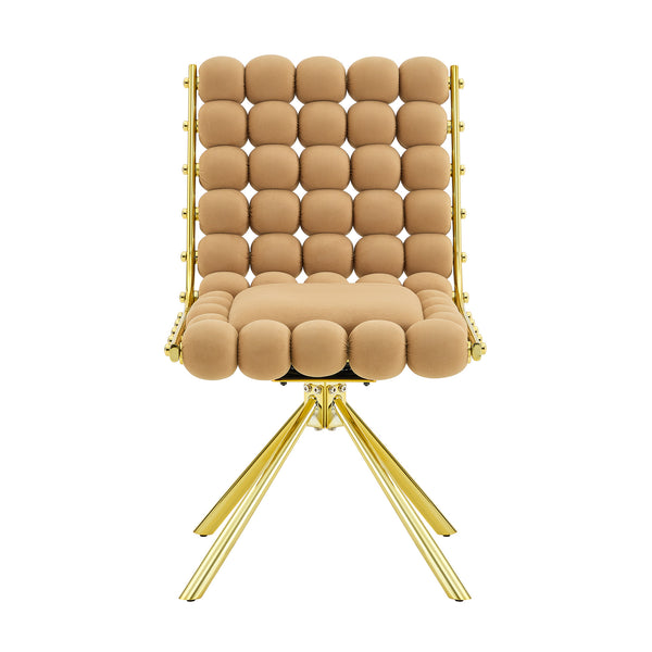 English Elm Cream Dutch Velvet Swivel Chair Tufted Bubble Backrest Glam Armless Accent Seat Brown,Gold W3875P448018