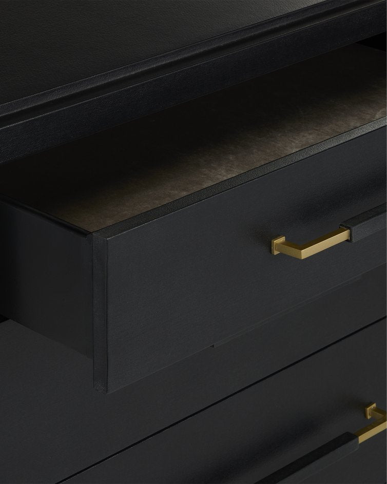 Currey & Company Verona Black Six-drawer Chest: Elegant Mahogany Design With Glamorous Champagne Accents And Luxury Touches Black Lacquered Linen ,Mahogany ,Engineered Wood ,Metal ,Faux Velvet 3000-0332-currey-company