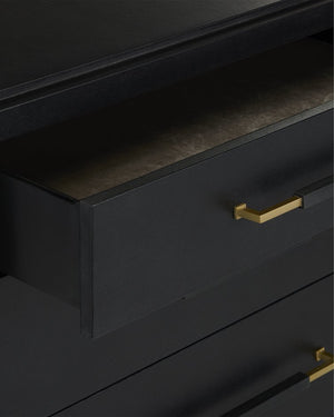 Currey & Company Verona Black Six-drawer Chest: Elegant Mahogany Design With Glamorous Champagne Accents And Luxury Touches Black Lacquered Linen ,Mahogany ,Engineered Wood ,Metal ,Faux Velvet 3000-0332-currey-company