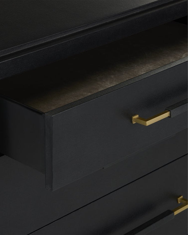 Currey & Company Verona Black Six-drawer Chest: Elegant Mahogany Design With Glamorous Champagne Accents And Luxury Touches Black Lacquered Linen ,Mahogany ,Engineered Wood ,Metal ,Faux Velvet 3000-0332-currey-company