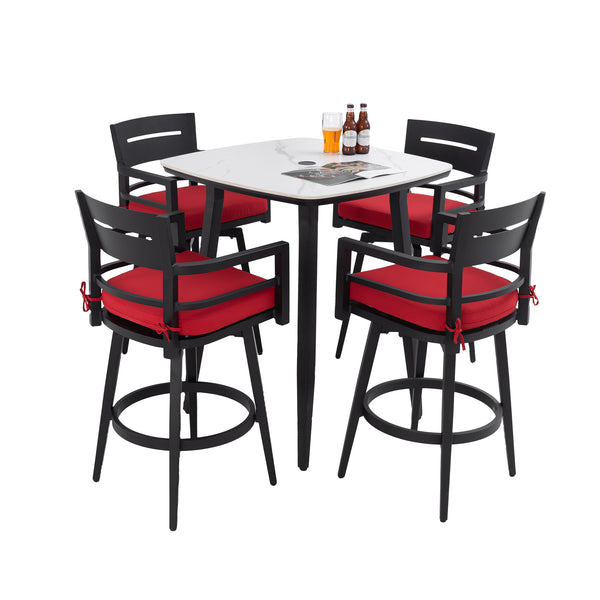 English Elm Modern 5Pc Outdoor Patio Bar Set With Marble-Inspired Table & Swivel Chairs For Stylish Comfort W1886S00035