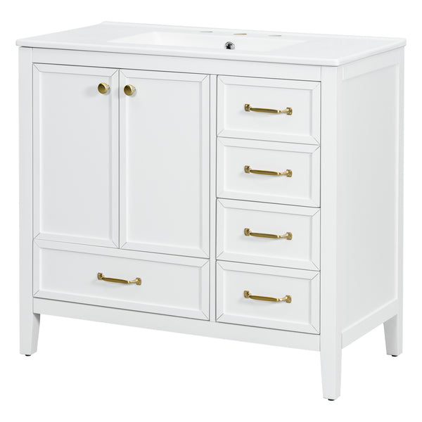 English Elm Christopher Knight Home® - 36" Vintage-inspired Bathroom Vanity with Ceramic Sink, Solid Wood Frame, Soft-Close Drawers, Spacious Storage White N759P293646K