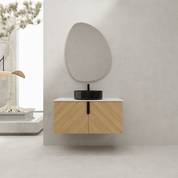 English Elm 36" Modern Wall-Mounted Bathroom Vanity With Ceramic Vessel Sink & Soft-Close Doors, Light Oak Finish W999S00452