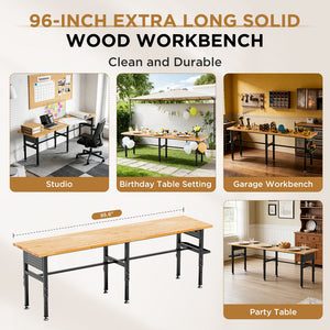 English Elm 96" Heavy Duty Garage Workbench Solid Wood Top Pegboard 2000 Lb Steel Frame W3190P401361