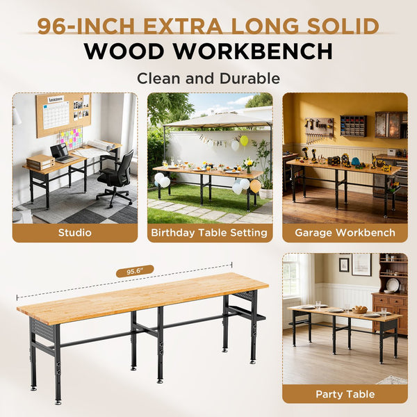 English Elm 96" Heavy Duty Garage Workbench Solid Wood Top Pegboard 2000 Lb Steel Frame W3190P401361