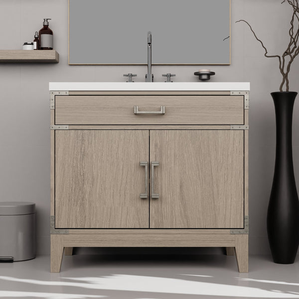 English Elm Grey Oak Single Bath Vanity with White Quartz Top, Chrome Faucet & 34" Mirror — Durable Wood Finish B2731S02012