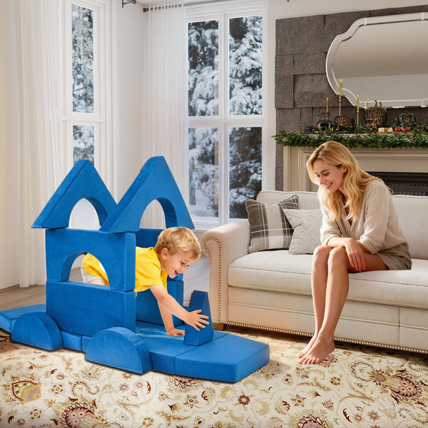 English Elm 15pcs Modular Toddler Play Couch Set Velvet Foam Fort Building Playroom Seating Blue T5880P493413