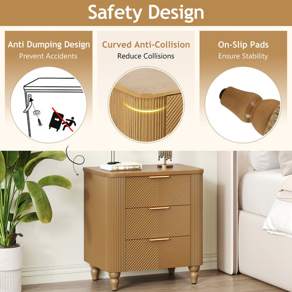 English Elm Mid-century Fluted 3 Drawer Nightstand with Gourd Legs and Gold Tone Handles for Bedroom Natural N761P285712N