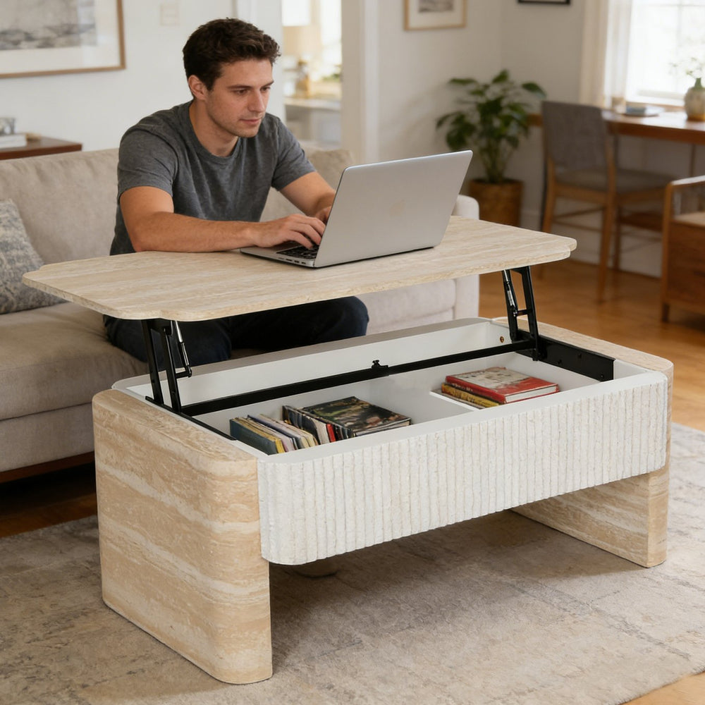 English Elm Rounded Edge Coffee Table Solid Wood Engraved Drawer Modern Living Room Storage W3040P428642