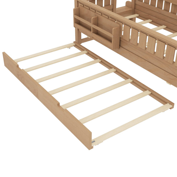 English Elm Twin Kids Platform Bed with Trundle Staircase Bookshelf and Rounded Safety Rails Natural W1580S00558