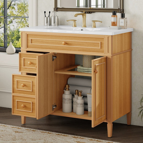English Elm 36" Modern Bathroom Vanity with Ceramic Sink, Solid Rubber Wood & MDF, Flip Drawer, Soft-Close Doors N725P350825N