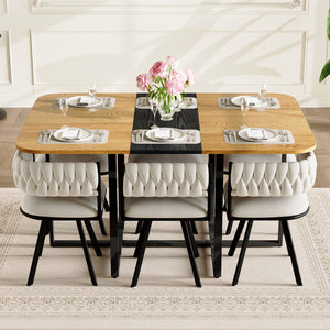 English Elm 7-piece Rectangular Dining Set Faux Marble Velvet Chairs Modern Apartment Table Beige,Black,Wood W3875S00129
